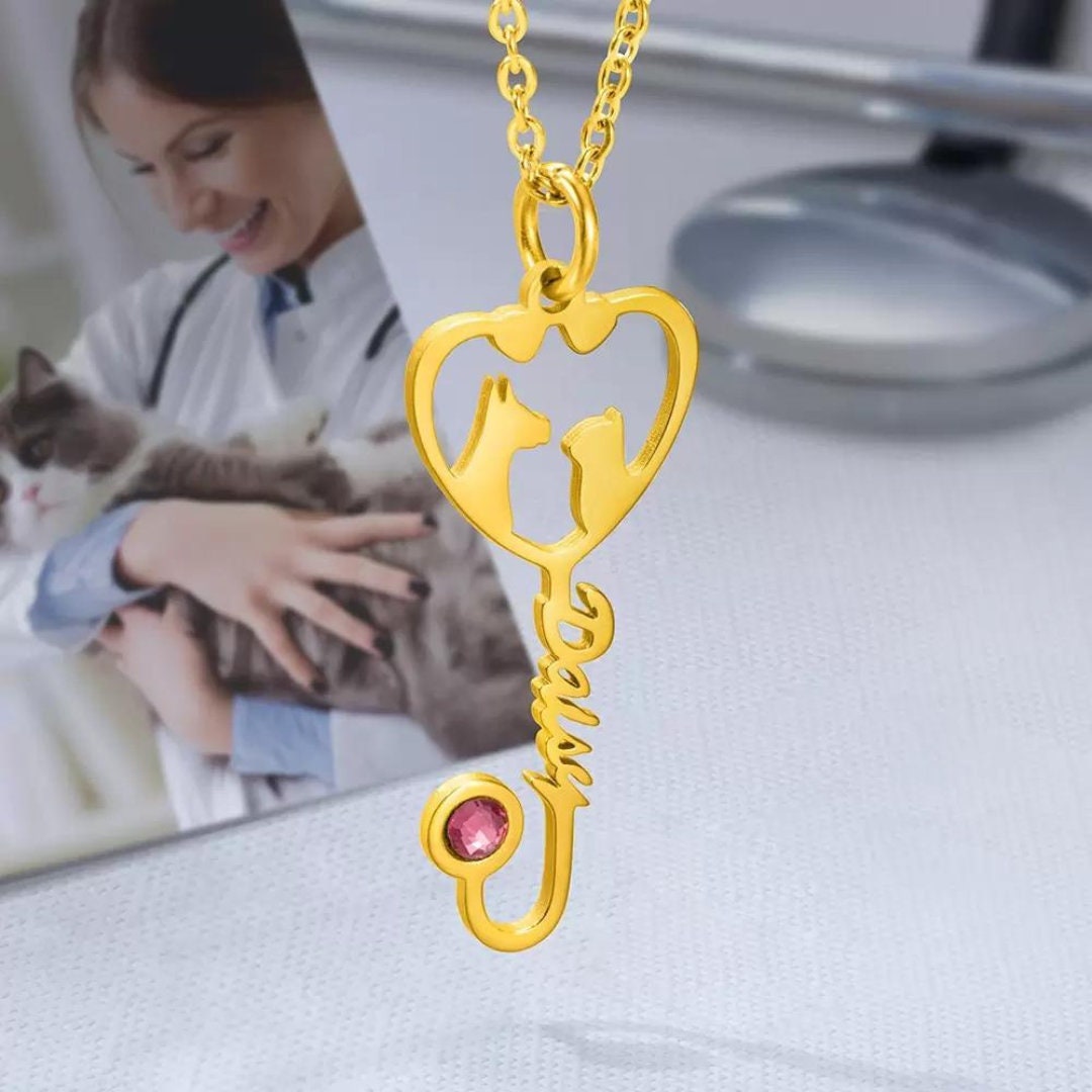 Veterinary Name Stethoscope Heart Necklace with Birthstone