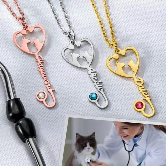Veterinary Name Stethoscope Heart Necklace with Birthstone