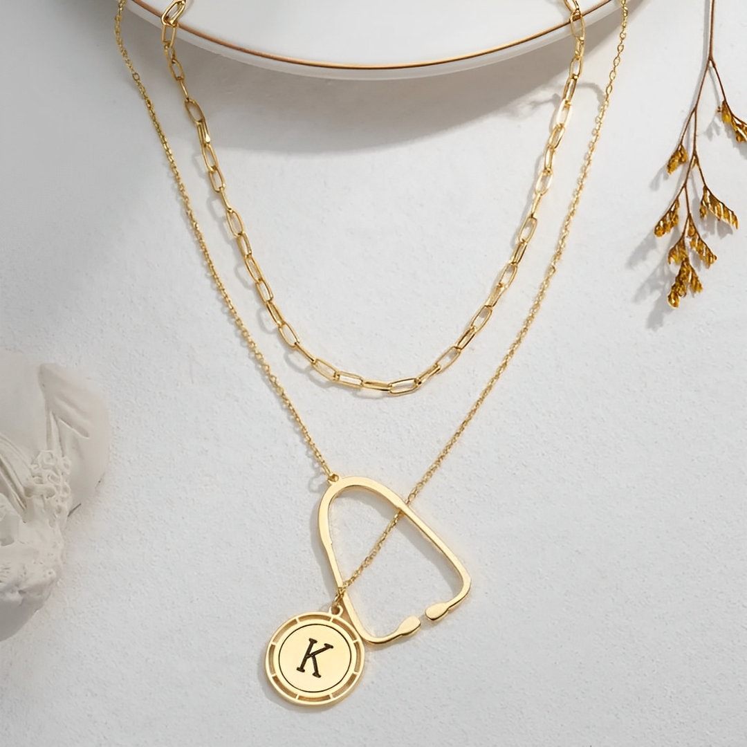 Stethoscope Pendant Necklace with Initial, Medical Student Gift