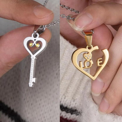 Heart and Key Matching Necklaces with Custom Birthstones