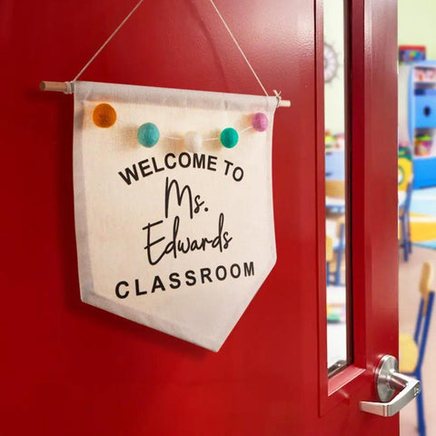 Personalized Welcome Sign Boho Teacher Door Hanger with Felt Balls