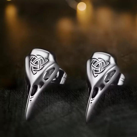 Viking Raven Skull Stud Earrings with Engraved Celtic Knot