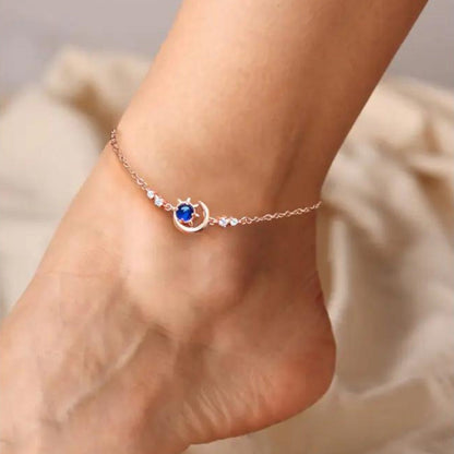 Crescent Moon, Sun and Star Anklet with Birthstone
