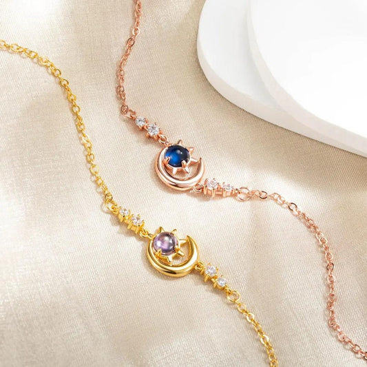 Crescent Moon, Sun and Star Anklet with Birthstone