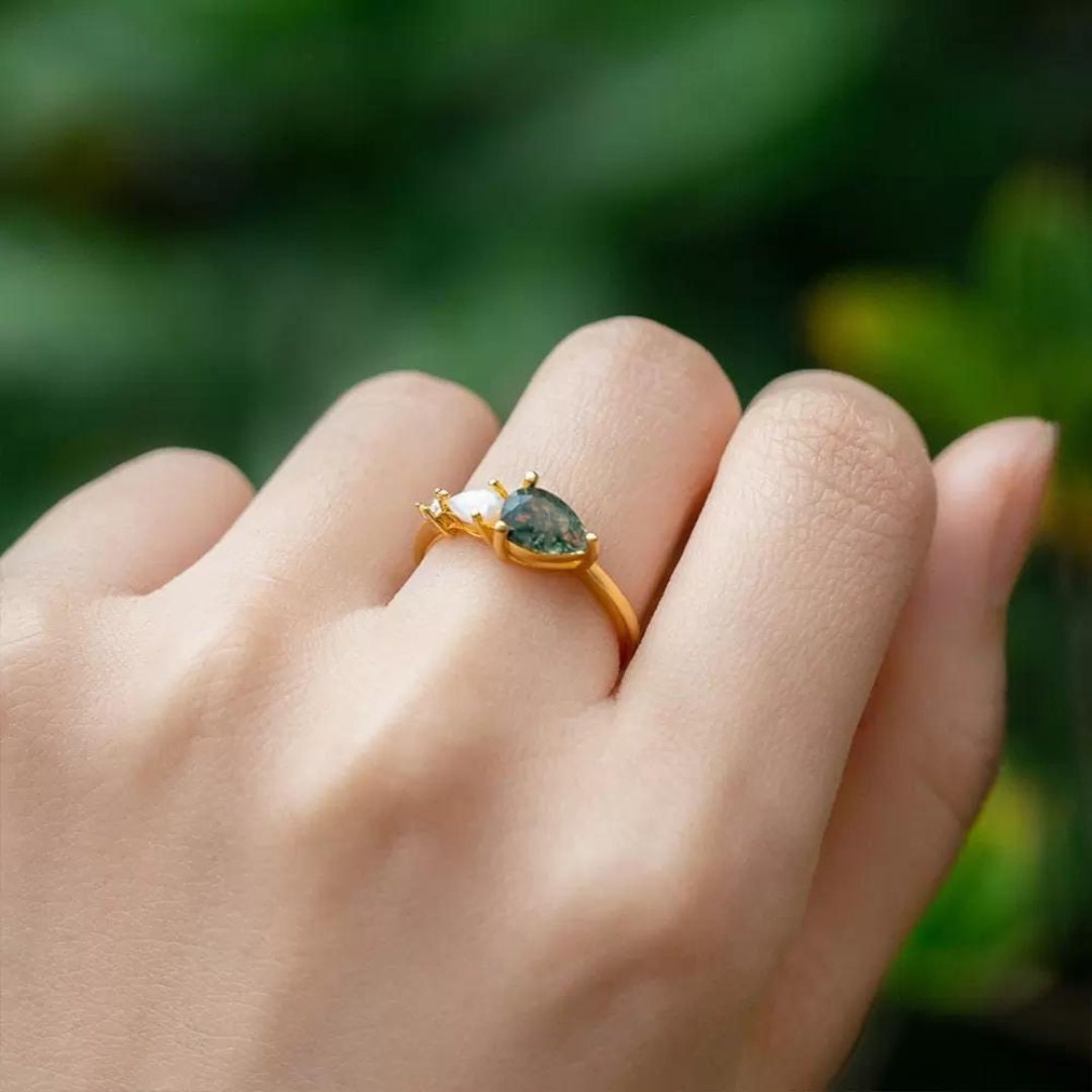 Pear Cut Moss Agate Ring