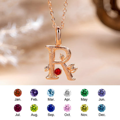 Custom Initial and Leaves Necklace with Birthstone