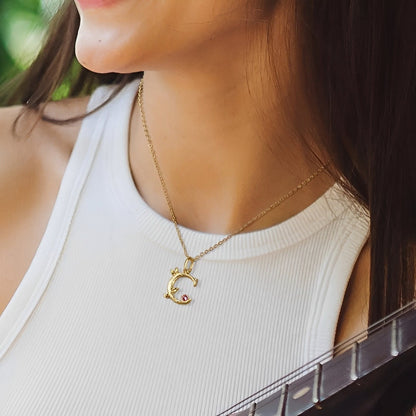 Custom Initial and Leaves Necklace with Birthstone