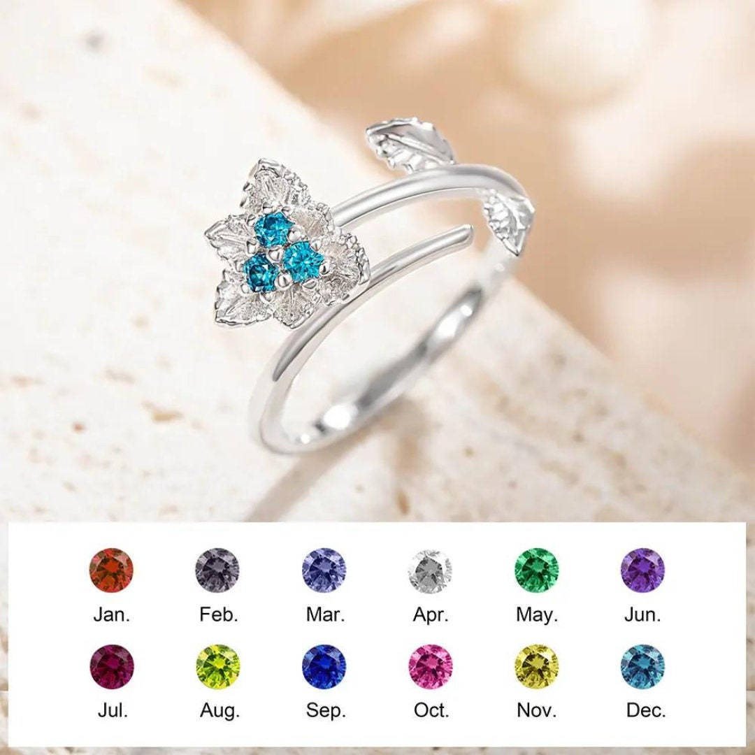 Personalized Birth Flower Adjustable Ring with Birthstone
