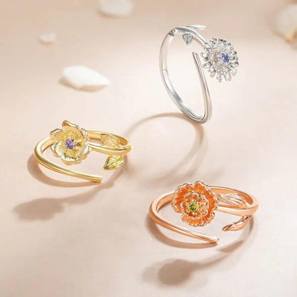 Personalized Birth Flower Adjustable Ring with Birthstone