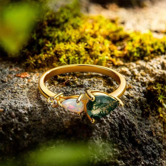 Pear Cut Moss Agate Ring