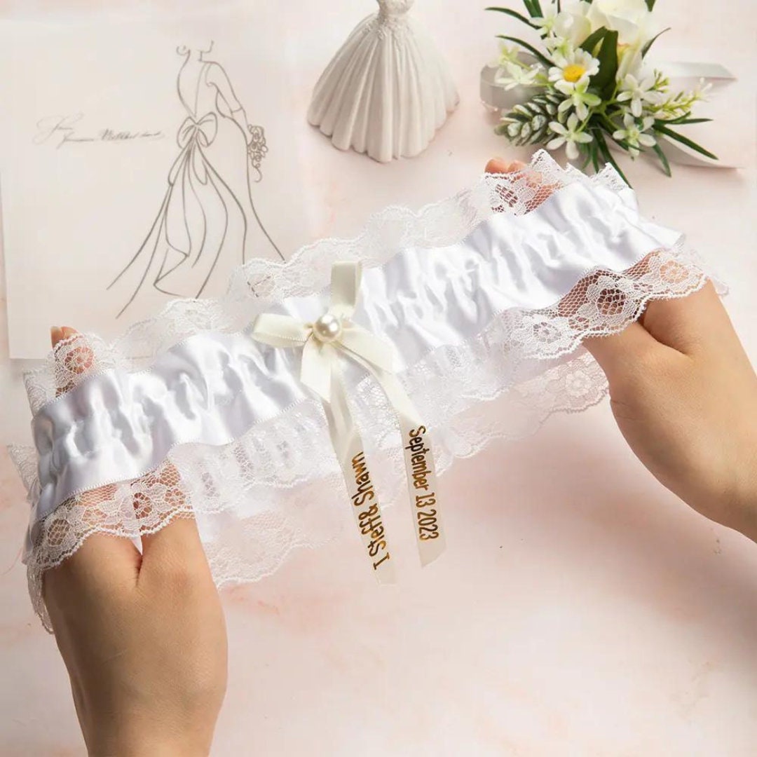 Personalized Lace Wedding Garter with Bow