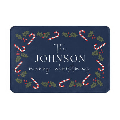 Personalized Christmas Holly Candy Canes Welcome Doormat