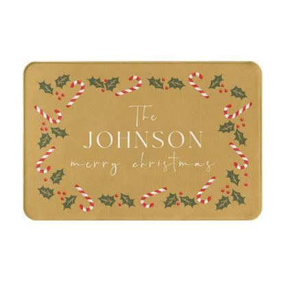Personalized Christmas Holly Candy Canes Welcome Doormat