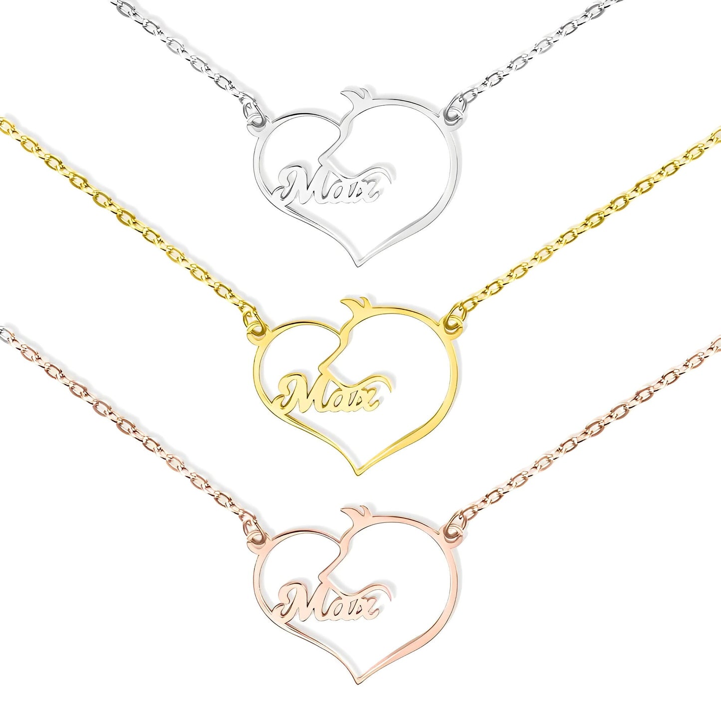 Custom Name Cat, Dog or Horse Silhouette Heart Necklace