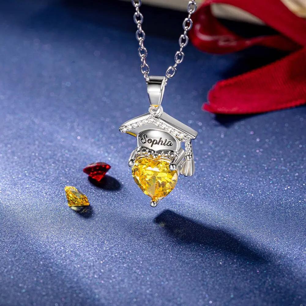 Personalized Graduation Cap + Heart Birthstone Graduation Necklace