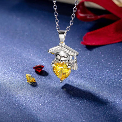 Personalized Graduation Cap + Heart Birthstone Graduation Necklace