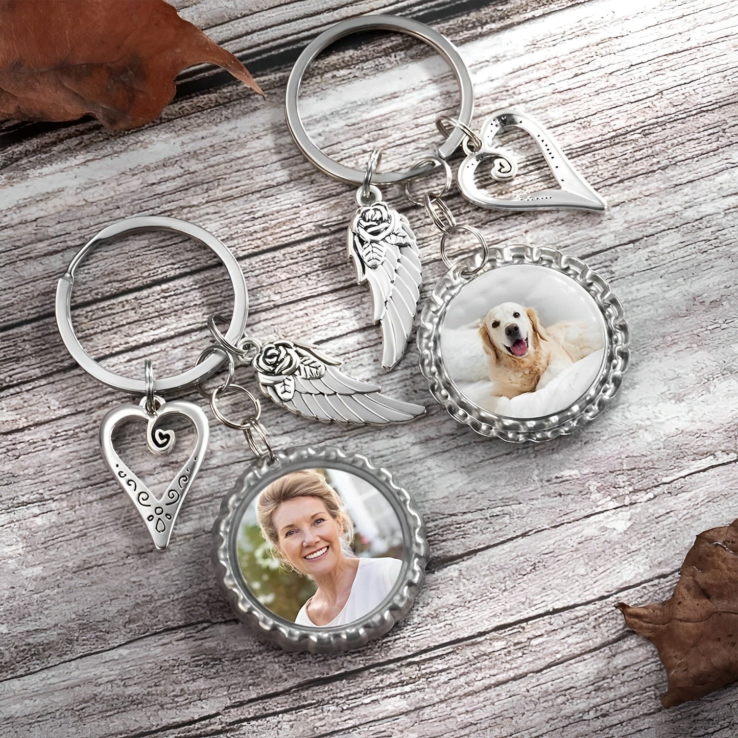 Personalized Photo Keychain with Angel Wings & Heart Charm