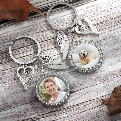 Personalized Photo Keychain with Angel Wings & Heart Charm
