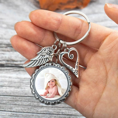 Personalized Photo Keychain with Angel Wings & Heart Charm