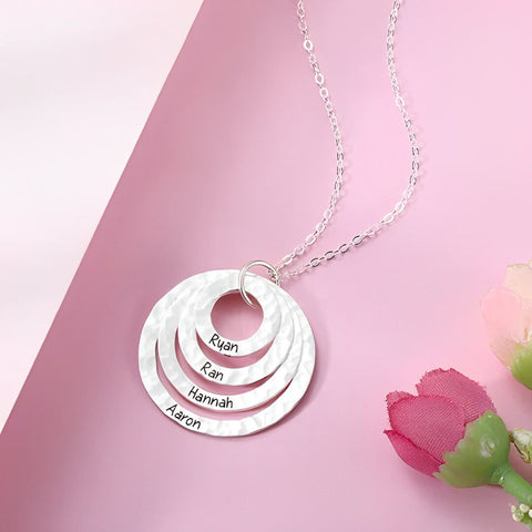 Engraved Names Hammered Layered Circle Name Necklace in Silver