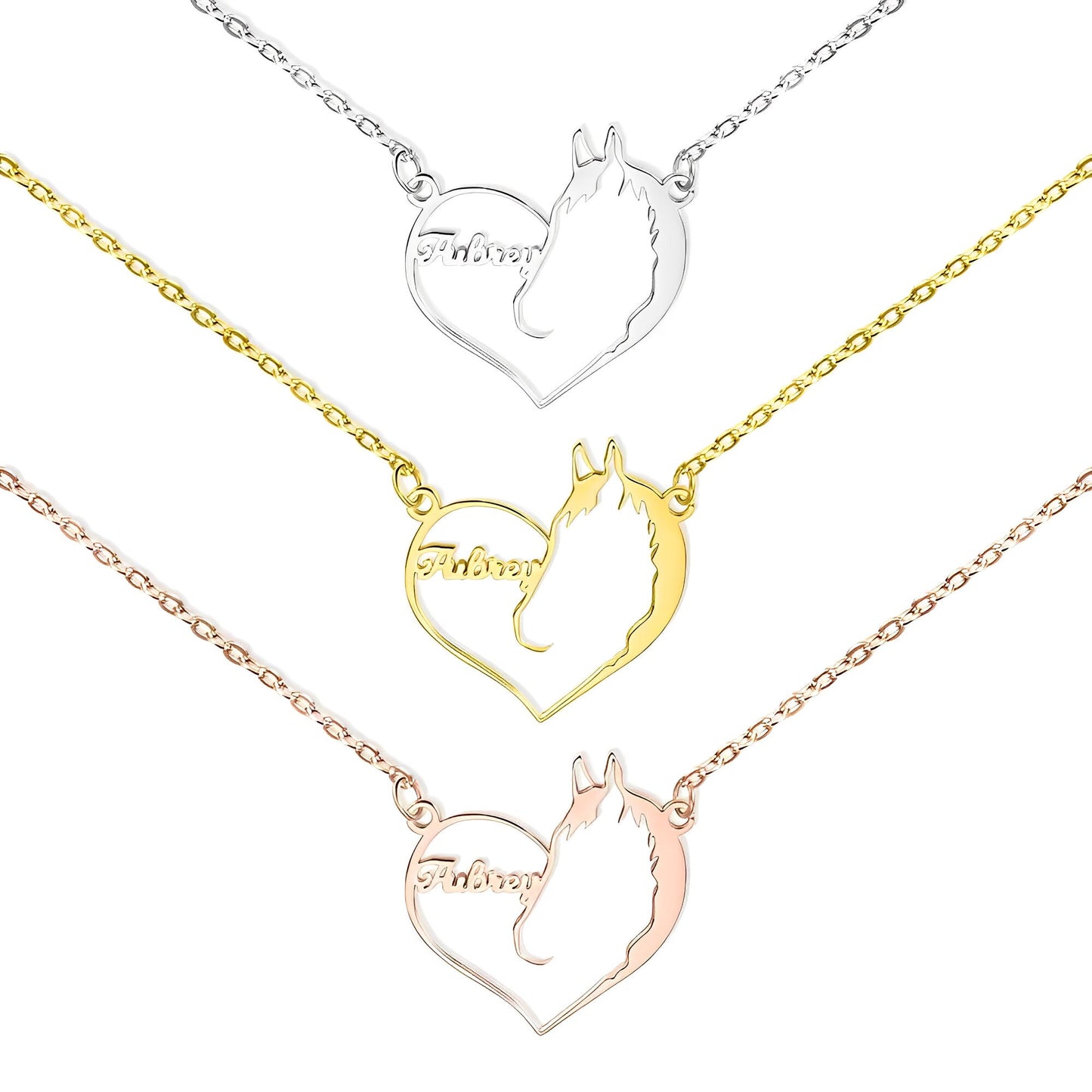 Custom Name Cat, Dog or Horse Silhouette Heart Necklace