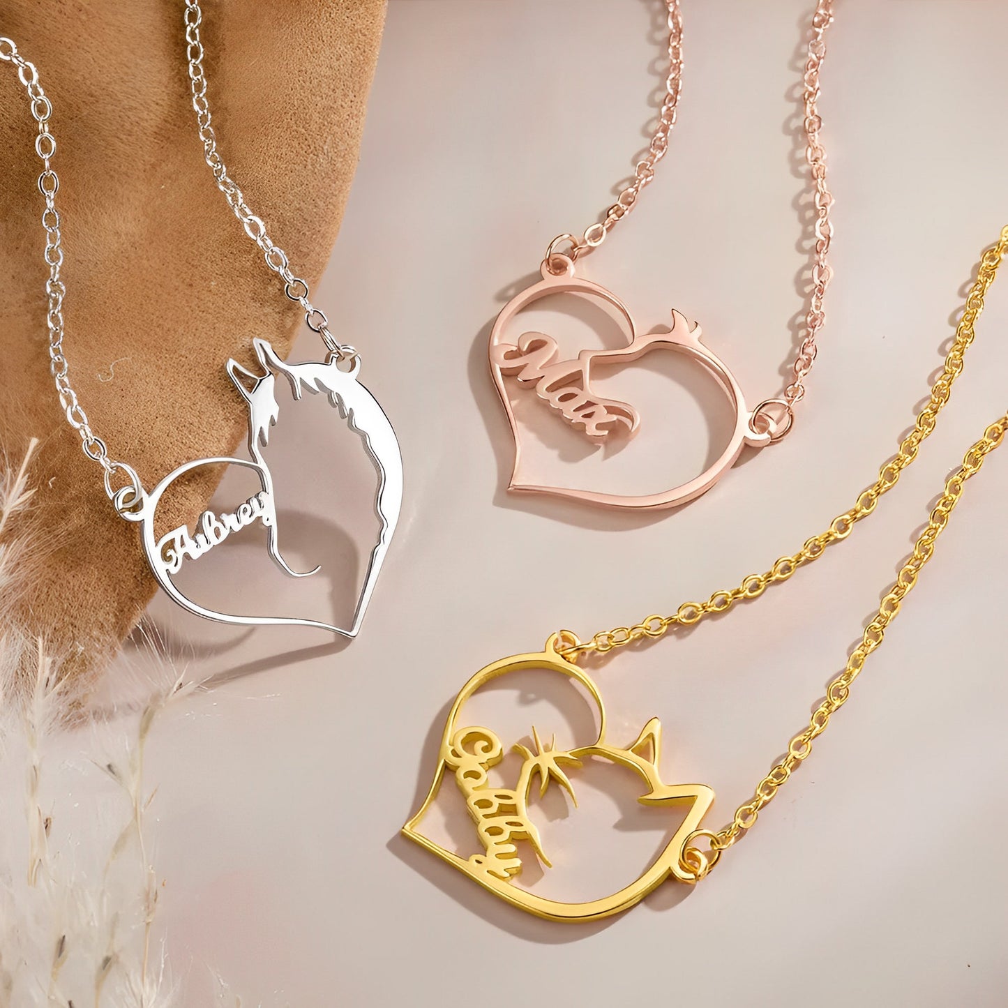 Custom Name Cat, Dog or Horse Silhouette Heart Necklace