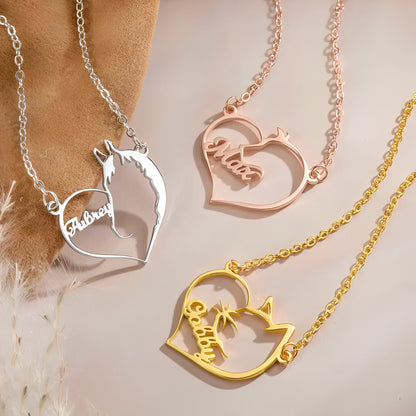 Custom Name Cat, Dog or Horse Silhouette Heart Necklace