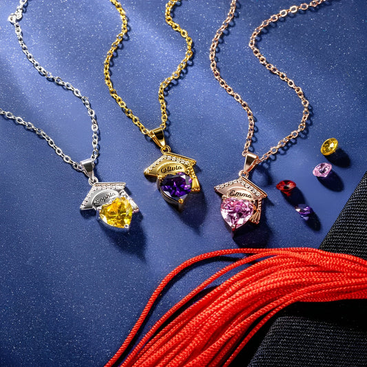 Personalized Graduation Cap + Heart Birthstone Graduation Necklace