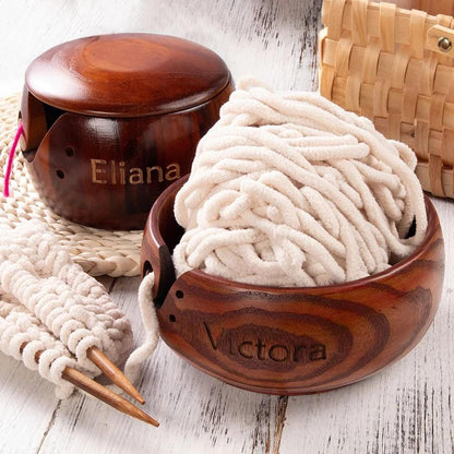 Personalized Name Wooden Yarn Bowl for Knitting & Crochet
