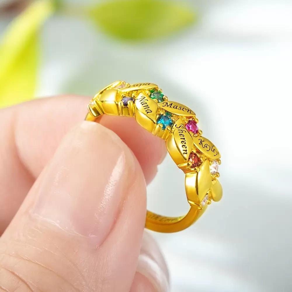 Personalized Leaf Ring with Birthstones and Names