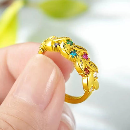 Personalized Leaf Ring with Birthstones and Names