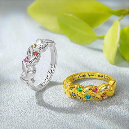 Personalized Leaf Ring with Birthstones and Names