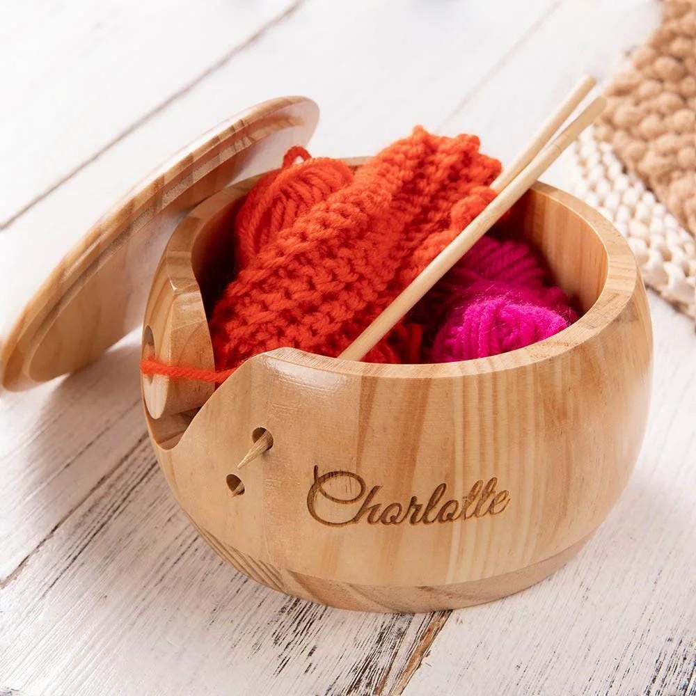 Personalized Name Wooden Yarn Bowl for Knitting & Crochet