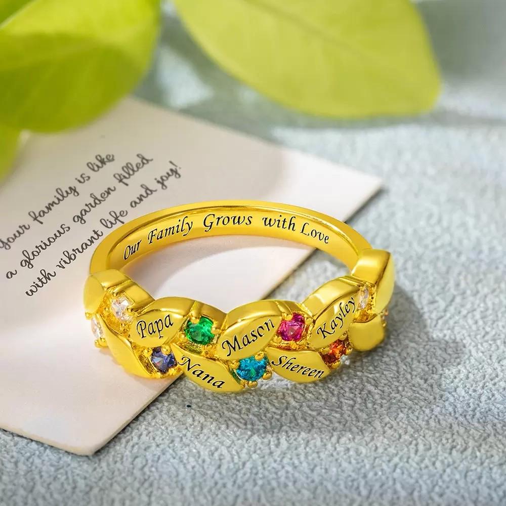 Personalized Leaf Ring with Birthstones and Names
