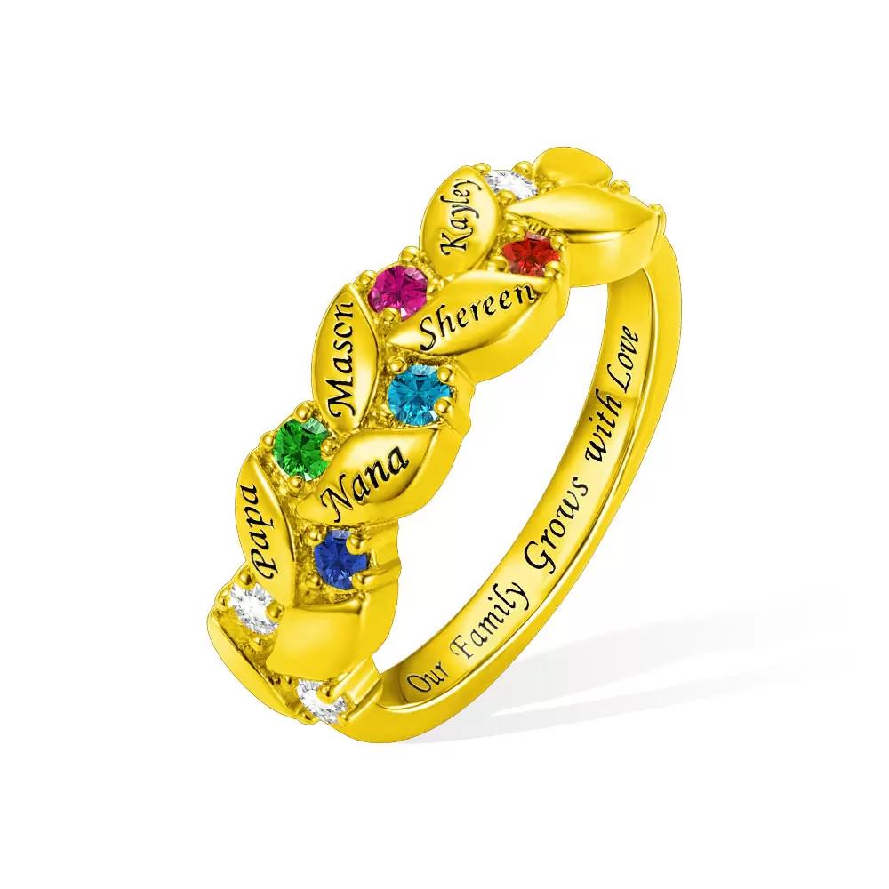 Personalized Leaf Ring with Birthstones and Names
