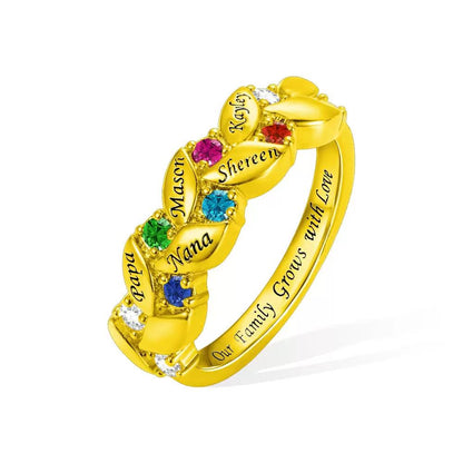 Personalized Leaf Ring with Birthstones and Names