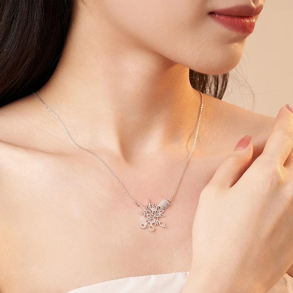 Hairdresser Scissors Necklace with Personalized Birth Flower and Birthstone