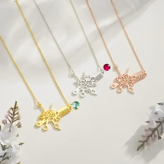 Hairdresser Scissors Necklace with Personalized Birth Flower and Birthstone