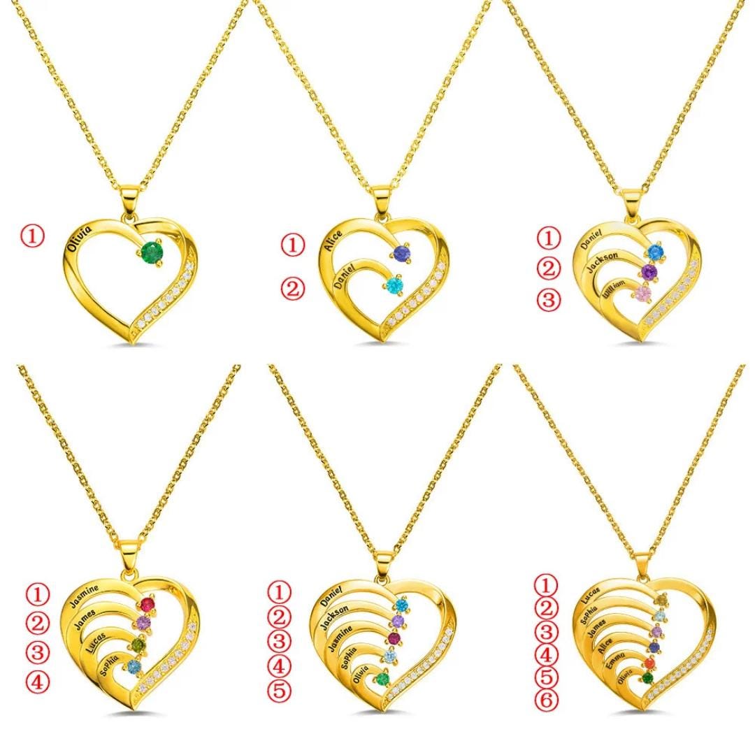 Personalized Engraved Names and Birthstones Family Heart Necklace