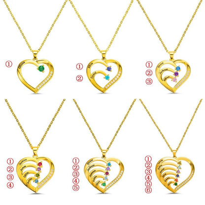 Personalized Engraved Names and Birthstones Family Heart Necklace