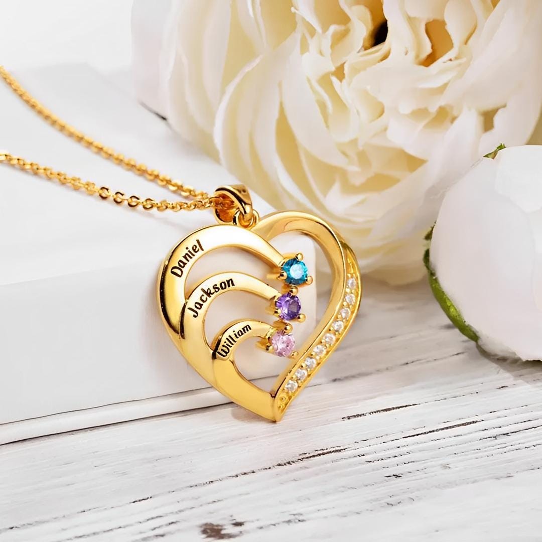 Personalized Engraved Names and Birthstones Family Heart Necklace