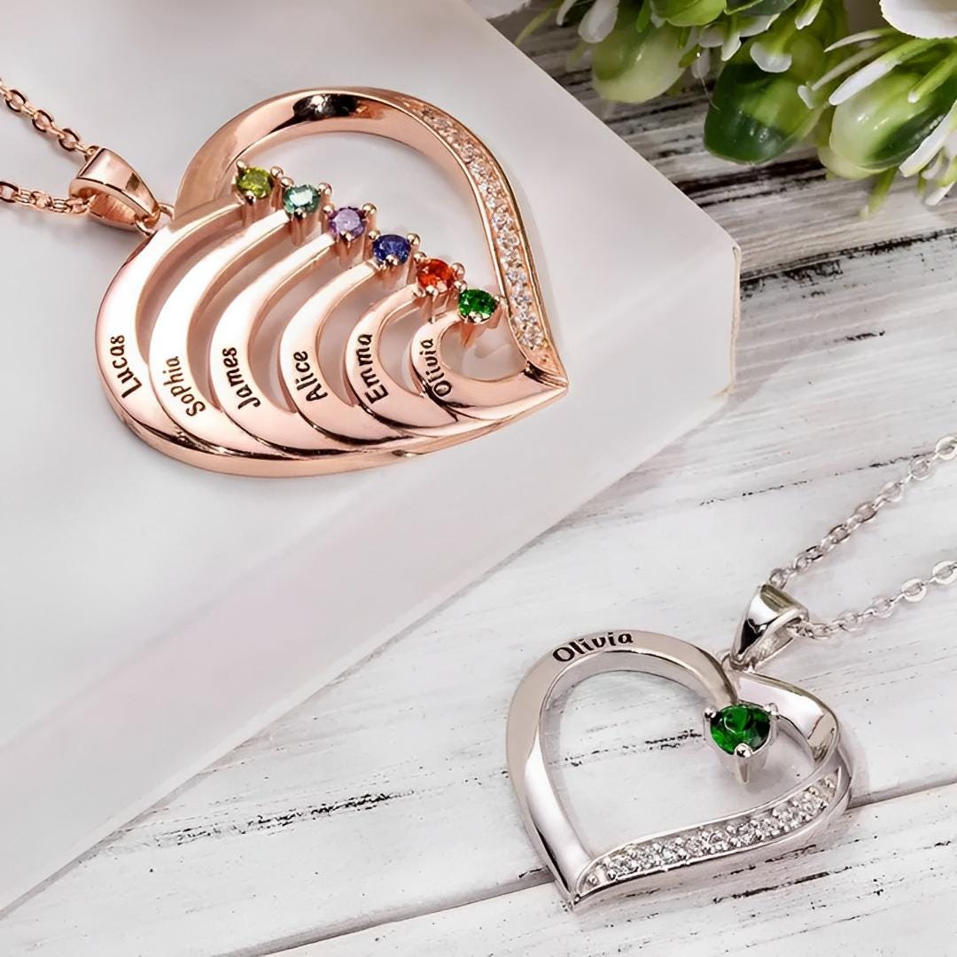 Personalized Engraved Names and Birthstones Family Heart Necklace