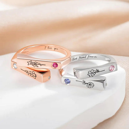 Personalized Matching Birthflowers & Birthstones Ring