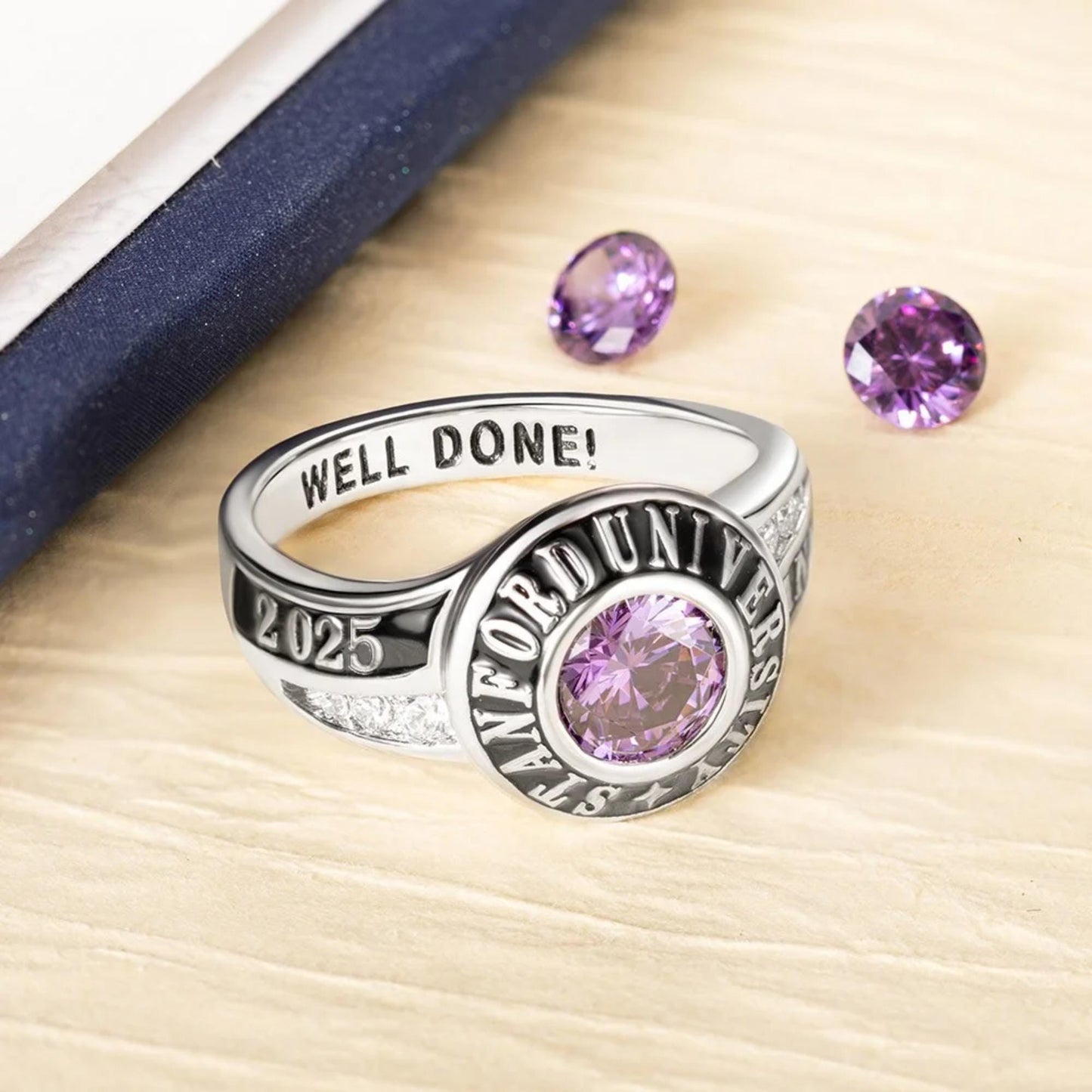 Custom Engraved Class Ring with Birthstone