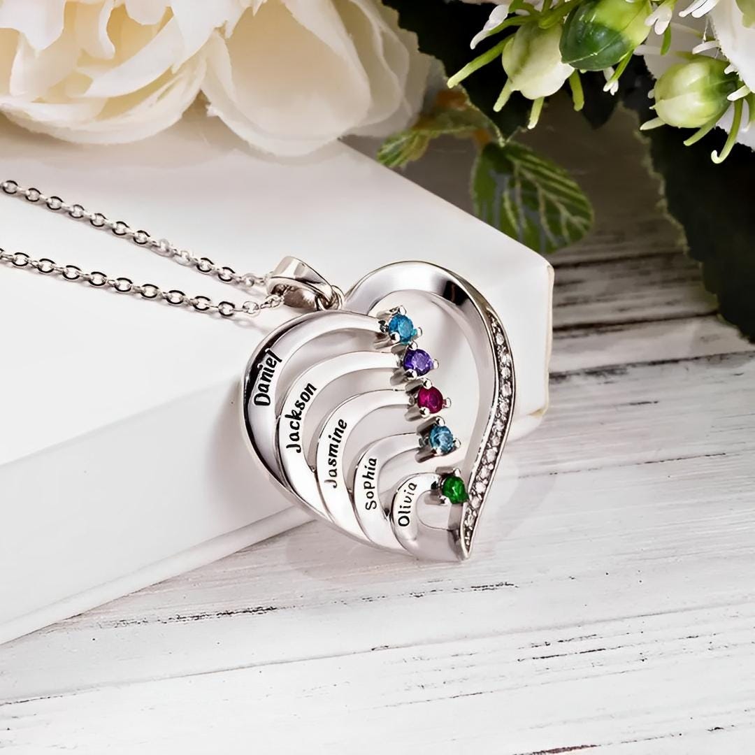 Personalized Engraved Names and Birthstones Family Heart Necklace