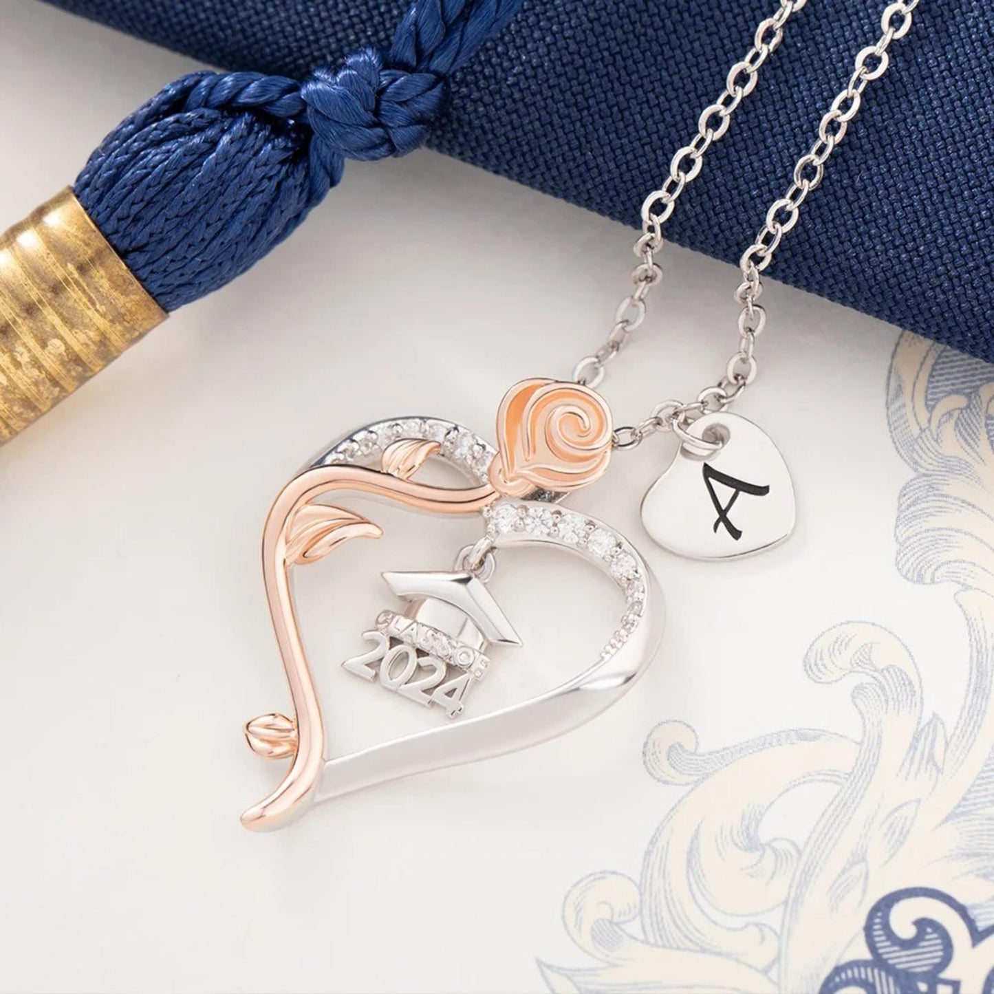Personalized Rose Heart Graduation Necklace