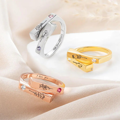 Personalized Matching Birthflowers & Birthstones Ring