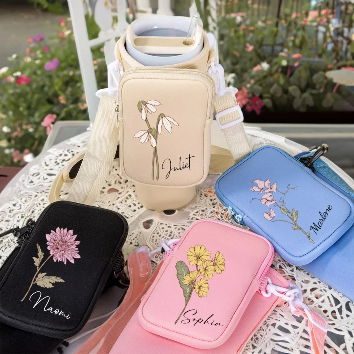 Custom Name Birth Flower Cross-body Tumbler Holder & Phone Pouch (40oz)