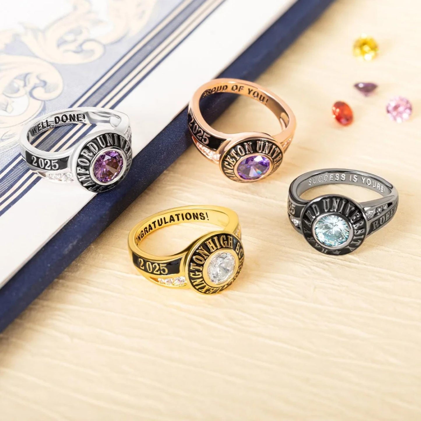 Custom Engraved Class Ring with Birthstone