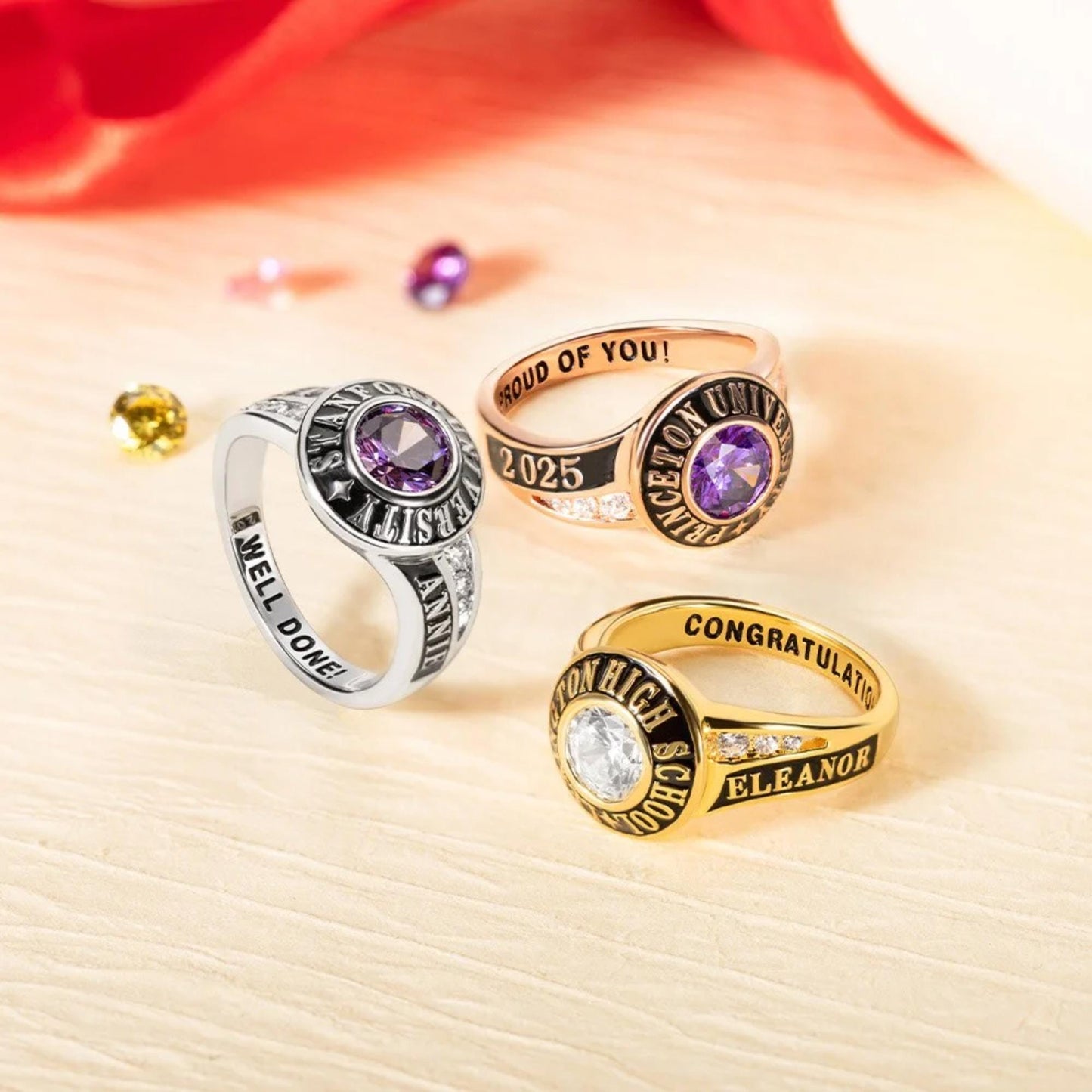 Custom Engraved Class Ring with Birthstone
